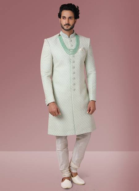 Pista Green Colour Heavy Wedding Wear Jacquard Banarasi Latest Indo Western Mens Collection 1109